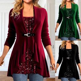 Women's Hoodies Solid Color Sequin Patchwork Two Piece Long Sleeved Top Sleeve T Shirts Women Soft Shirt