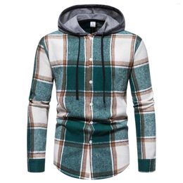 Men's Casual Shirts Green Plaid Shirt For Male Retro Fall And Winter Hooded Colorblocking Drawstring Cardigan Streetwear Beach Korean