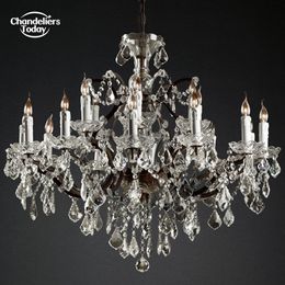 19th C. Rococo Iron & Clear Crystal Round Chandeliers Modern Rustic Candle Pendant Lighting for Living Room Bedroom Hanging Lamps