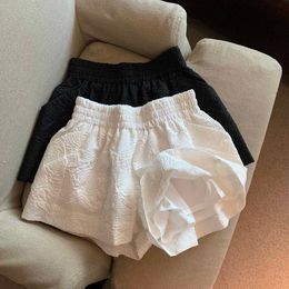 Womens Shorts Elastic High Waist White Jacquard Loose Black Summer Street Clothing Pockets Wide Leg 230408
