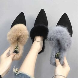 Slippers Autumn New Sexy Mules Women's Half Slippers Korean Fashion High Heel Shoes Wearing Hairy Pointed Baotou Furry Plush Slippers J231108