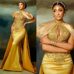 Gold Aso Ebi Prom Dresses Embroidery Halter Beaded Long Train Wholesale Dubai Arabic Robe De Soiree Party Evening Gowns Modest Classic Second Reception Club