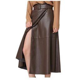 Skirts Arrival Spring PU Leather Women Elegant High Waist Midi Fashion Office Lady Split Skirt OL