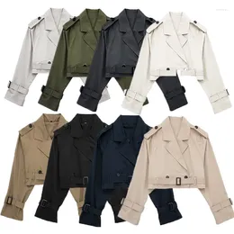 Women's Trench Coats 2023 Women Fashion With Belt Oversized Cropped Vintage Double Button Long Sleeve Ladies Short Jacket