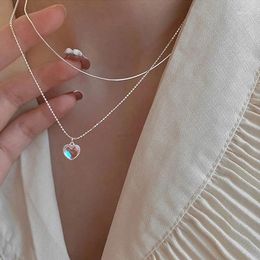 Chains 925 Sterling Silver Double Layer Love Heart-shaped Moonstone Pendant Necklace For Women Gradient Gemstone Clavicle Chain Jewelry