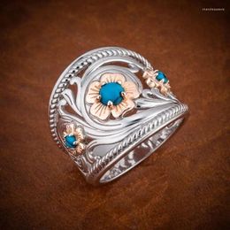 Cluster Rings Bohemian Round Natural Stone Finger For Women Men Silver Color Flower Blue Bead Turquoises Wedding Ring Party Gift Jewelry