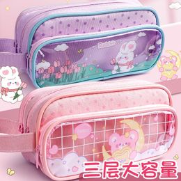 Three-layer Transparent Pencil Case Student Double-layer Large-capacity Stationery Bag