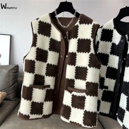 Women's Vests Women's Tank Top Casaco Teddy Sleeveless Jacket Korean Coat Autumn Winter Coat aLarge 4XL Black and White Plaid Artificial Sheepskin Tank Top 230408