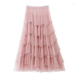 Skirts Autumn Luxury Style Nailed Beads Cake Mesh Skirt Girls Streetwear High Waist Fluffy Yarn Long Woman Party