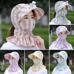 Wide Brim Hats Women Zipper Face-Covering Summer Outdoor Striped Sun Hat With Fan Female Neck Protection Windproof Cap For Cycling ClimbingW