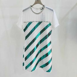 Basic Casual Dresses Summer Stripe Colorful Beaded Mesh Dress with Round Neck and Diamond Contrast Style P6WW