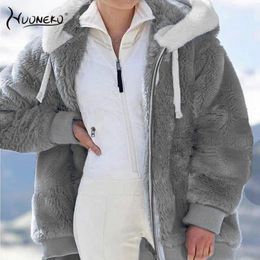 Women's Fur Faux Winter Women Plush Thicken Jacket Fashion Loose Warm Fleece Zipper Hooded Coats Parka Plaid Female Outwear WCO02 231108