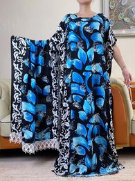 Ethnic Clothing 2023 Dubai Muslim Dress With Big Scarf For Women Loose Maxi Robe Femme Musulmane African Cotton Printed Floral Abaya