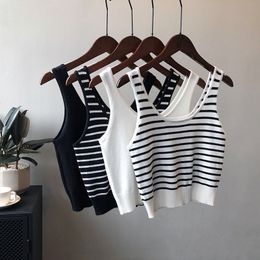 Camisoles Tanks Striped Knitted Crop Camis White Black Summer Casual Women's Tank Top 230408