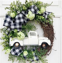 Decorative Flowers Pumpkin Truck Wreath Front Door Farmhouse Decor Fall Vintage Autumn Farm Thanksgiving Fresh Wreaths Christmas