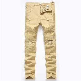 Khaki Biker Jeans Pleated Design Mens Skinny slim Stretch Denim pants Hip-Hop Street Destroyed Ripped Jean 28-42256y