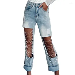 Women's Jeans Fashion Big Broken Holes Chain Splicing Decoration Straight Women Centre Hollow Out Denim Pants Female Casual Trousers