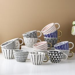 Mugs Hand-painted Ceramic Mug With Gold Handle Geometry Pattern Big Water Cup Home Breakfast Office Coffee Tea Milk Cups