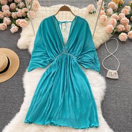 Party Dresses Women Design Korean Dress Chic Diamond V Neck Batwing Sleeve A-line Summer Fashion Streetwear Short Sundress