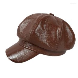 Berets Korean Women Autumn Vintage Faux Leather Shiny Solid Colour 8 Panels Painter Leisure Octagonal Cabbie Hat