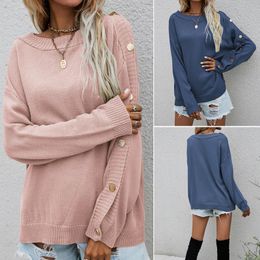 Women's Sweaters Knitted Sweater O Neck Loose Chic Pullover Long Sleeve Tops Buttons Elegant Streetwear Pull Femme Autumn Ladies