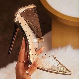 Dress Shoes 2023 Spring Golden Rhinestone PVC Transparent Women Pumps High Heels Sexy Pointed Toe Party Wedding Size 41 42