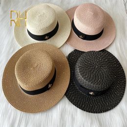 Wide Brim Hats Bucket Fashion Sequins Sunscreen Paper Straw Spring Summer British Flat Top Panama Sunshade Golden Bee Beach 230408