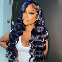 Brazilian Highlight Black with Blue 13x4 Transparent Frontal Human Hair Wig for Women Glueless Full Lace Front Wigs