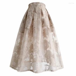 Skirts 2023 Summer Trendy Vintage Aesthetic Social Elegant Woman Khaki Floral High Waist Long Tulle Skirt 5XL 85cm 100cm Length