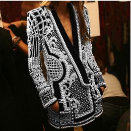 Women's fashion Trench Coats high quality Tops Female String Beads stunning Blazer suit Long Sleeve V-Neck Vintage Pearls printed Luxurious Overcoat Party Jacket
