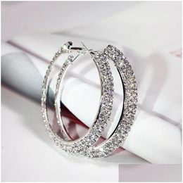 Dangle Chandelier Womens Large Big Earrings Shiny Double Row Diamonds Sier Color Circle Hoop Bridal Jewellery Drop Dhwd7