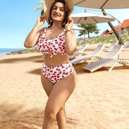 Women's Swimwear Fashionable Cherry Print Sexy Hollow-out Large Size Split Swimsuit Breast Wrap High Waist Beach Bikini Women