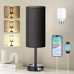 Table Lamps Black LED Lamp For Bedroom Nightstand 3 Way Dimmable Bedside Desk Wood Base Round Living Room Office