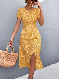 Casual Dresses Summer Flower Print Dress Women's Backless Long Party Dress Women's Yellow Green O-Neck Slotted Dress 230408