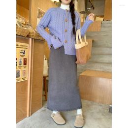 Work Dresses Harajpee Purple Slouchy Style Suits Fashion Suit Female Diamond Fried Dough Twists Knitting Top Long Skirt Two Piece Sets