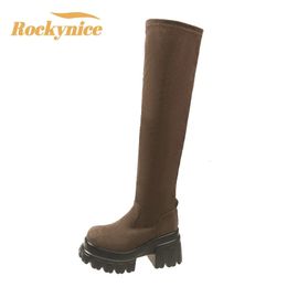 Boots Autumn Women Suede Leather Long Boots Wedge Heels Knight Sock Shoes Woman Winter Warm Plush Motorcycle Boots Footwear 231108