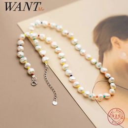 Pendant Necklaces WANTME Baroque Natural Freshwater Pearl Necklace 925 Sterling Silver Clavicle Necklace for Women Rainbow Glass Charm Jewellery 231108