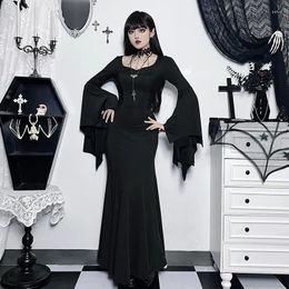 Ethnic Clothing Black Retro Improved Cheongsam High-waisted Tie Fishtail Dress Traditional Slim-fit Long Batwing Sleeve Gothic Costume