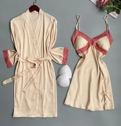 Women's Sleepwear 2PCS Robe Set Summer Women Lace Bathrobe Nightwear Short Home Wear Kimono Bath Gown Satin Casual Intimate Lingerie