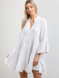 Women's Sleepwear Linad Cotton Night Dress Women Loose V Neck Three Quarter Sleeve Female Casual 2023 Autumn Woman Dresses Solid Pajamas