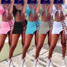Work Dresses Fashion Sexy Solid Colour Short Sleeve Lace Up Cardigan Crop Top Hollow Out Bandage Skirt Two Piece Summer Matching Outfits 2023