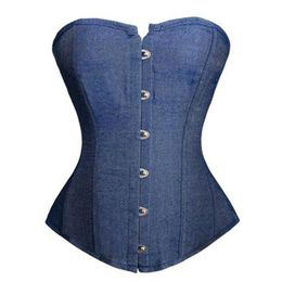 Women Blue Denim Jeans Overbust Corset Plus Size S-6XL Classic Lace-up Plastic Boned Bustier Lingerie Night Out Clubwear Cosplay O301d