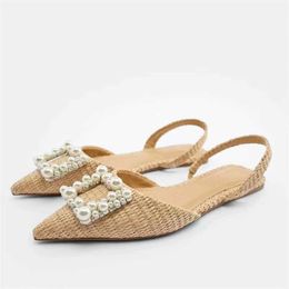 Sandals Womens Flat Woven Summer Woman Pearl Beads Slingback Slippers Female Pointed Toe Sandal Plus Size 230406