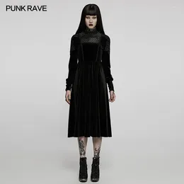 Casual Dresses PUNK RAVE Gothic Women Velvet Dress Diamond Pattern Black Goth Lace Collar Appliques Sleeve Vintage Clothing