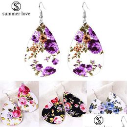 Dangle Chandelier New Trendy Floral Pu Leather Teardrop Earring Boho Style Sier Drop Hook Fashion Jewelry Christmas Dhfnx