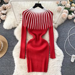 Casual Dresses Women Chic Elegant O Neck Gradient Stripe Long Sleeve Bodycon Mini Dress Sexy Fashion Knit Elastic Slim Hip Wrap