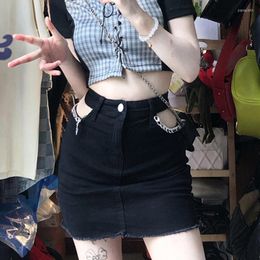 Skirts Lady Goth Punk A-Line Short Black Gothic Women Mini Denim Skirt 2023 Summer Hollow Out Metal Chains Button Harajuku