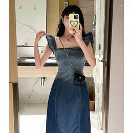 Casual Dresses Plus Size Women's Dress French Waist Wrapped Slim Gradient Denim Summer Flying Sleeves Mid Length Vintage