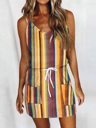 Casual Dresses Women's Summer Colour Vertical Striped Spaghetti Strap Tie Daily Sundresses Beach Holiday Sleeveless Mini Dress