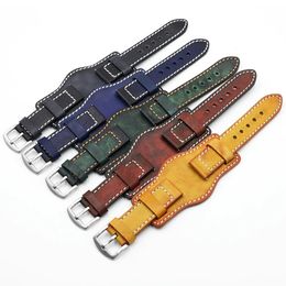 Watch Bands Retro Handmade Men's Wrist Watch Band 20mm 22mm 24mm Leather Cuff Watch Bracelet Yellow Blue Black Green Red Color Watch Strap 231108